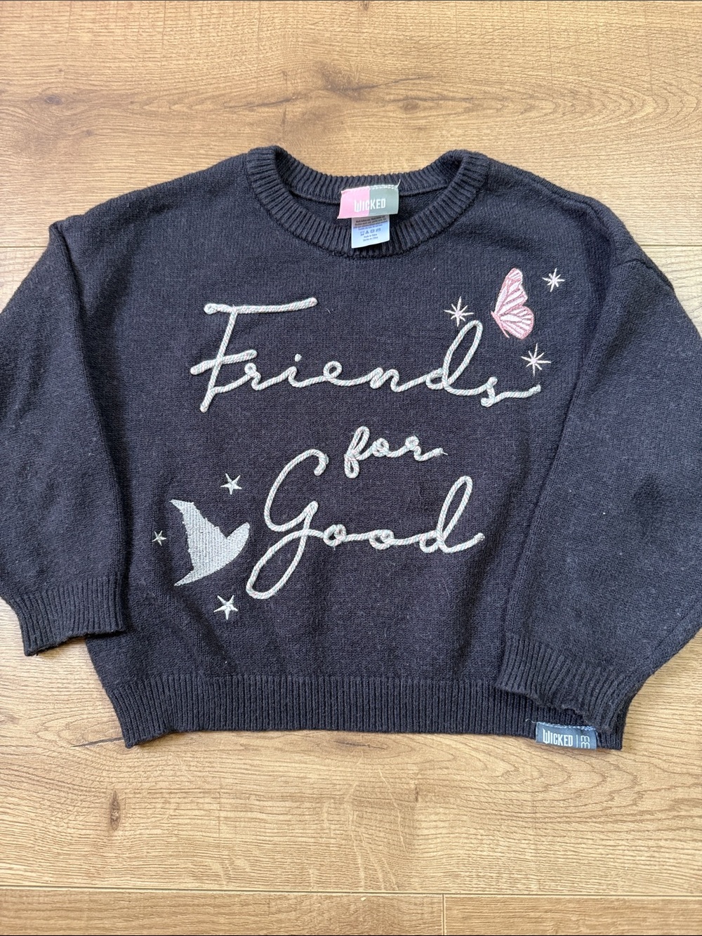 Wicked Black 'Friends for Good' Embroidered Crew Knit Sweater